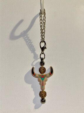 Southwestern Beige/Turquoise/Coral Bull Pendant Cup Charm w/Rhinestone Accents